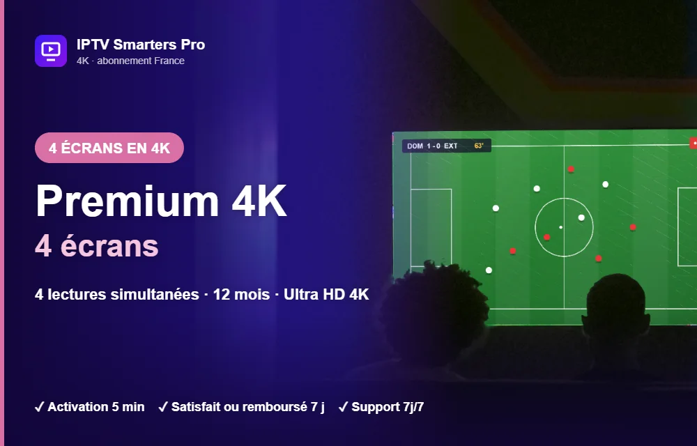 Abonnement IPTV Smarters Pro Premium 4K multi-écrans 4 écrans : 4 lectures simultanées en Ultra HD 4K