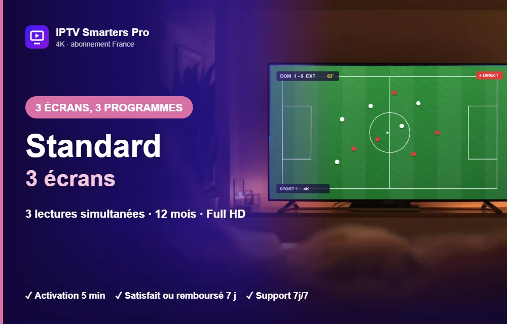Abonnement IPTV Smarters Pro Standard multi-écrans 3 écrans : 3 lectures simultanées en Full HD
