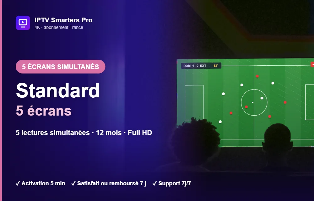 Abonnement IPTV Smarters Pro Standard multi-écrans 5 écrans : 5 lectures simultanées en Full HD